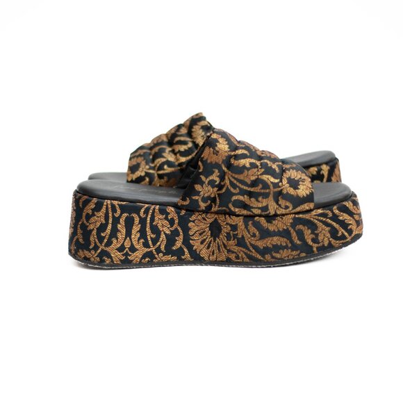 Free People Almost Paradise Brocade Platform Shoes 39 Black Gold Boho Chunky - Picture 9 of 13